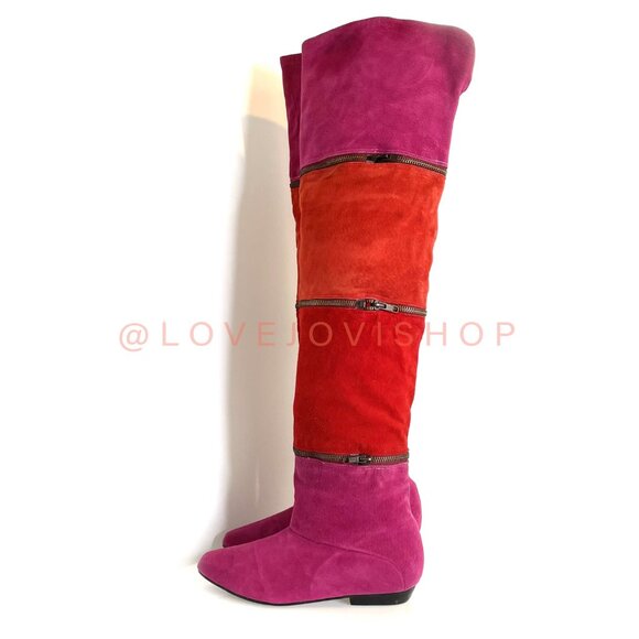 Vintage 80s | Maximalist Tiered Suede Thigh High to Ankle Boots Pink Fuchsia Red - Picture 4 of 16